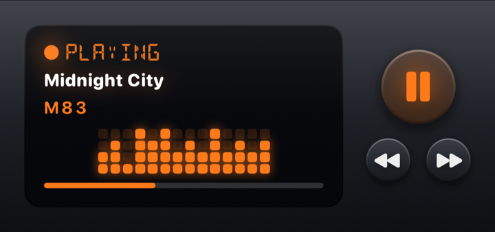 Retro LED music deck widget with transport controls