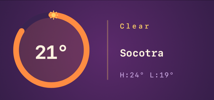 Weather widget — temperature ring, condition and location